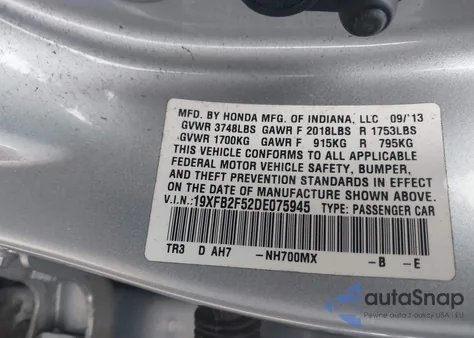 2013 Honda Civic Lx из США, поврежденный, VIN 19XFB2F52DE075945